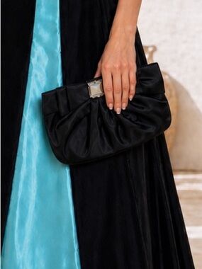 Vintage 80s Jessica McClintock Black Satin Clutch Bow Rhinestone Evening Bag